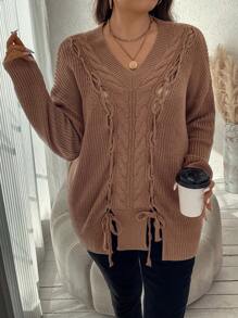 SHEIN Clasi 大碼前繫帶落肩袖套頭毛衣 - 駝色 - 查看 5