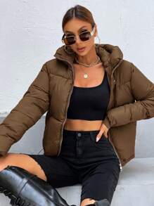 SHEIN Essnce 冬季休闲纯色连帽加垫夹克，百搭 - 棕色 - 查看 1