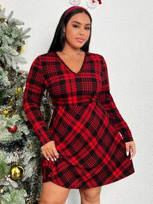 SHEIN EZwear Plus Plaid Print V Neck Dress - Red - View 4