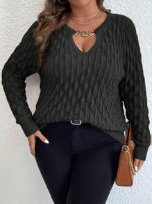 SHEIN LUNE Plus Chain Detail Keyhole Neck Sweater - Black - View 1