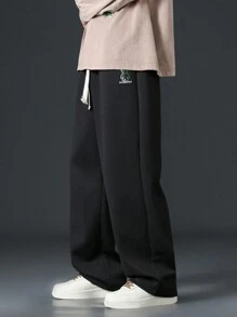 Pantalones rectos de ajuste holgado informal con bordado de oso para hombres - Negro - Ver 5
