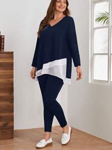 EMERY ROSE Plus Contrast Panel Top & Pants - Navy Blue - View 3