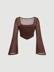 SHEIN MOD 方領喇叭袖褶飾手帕下擺T恤 - 棕色 - 查看 2