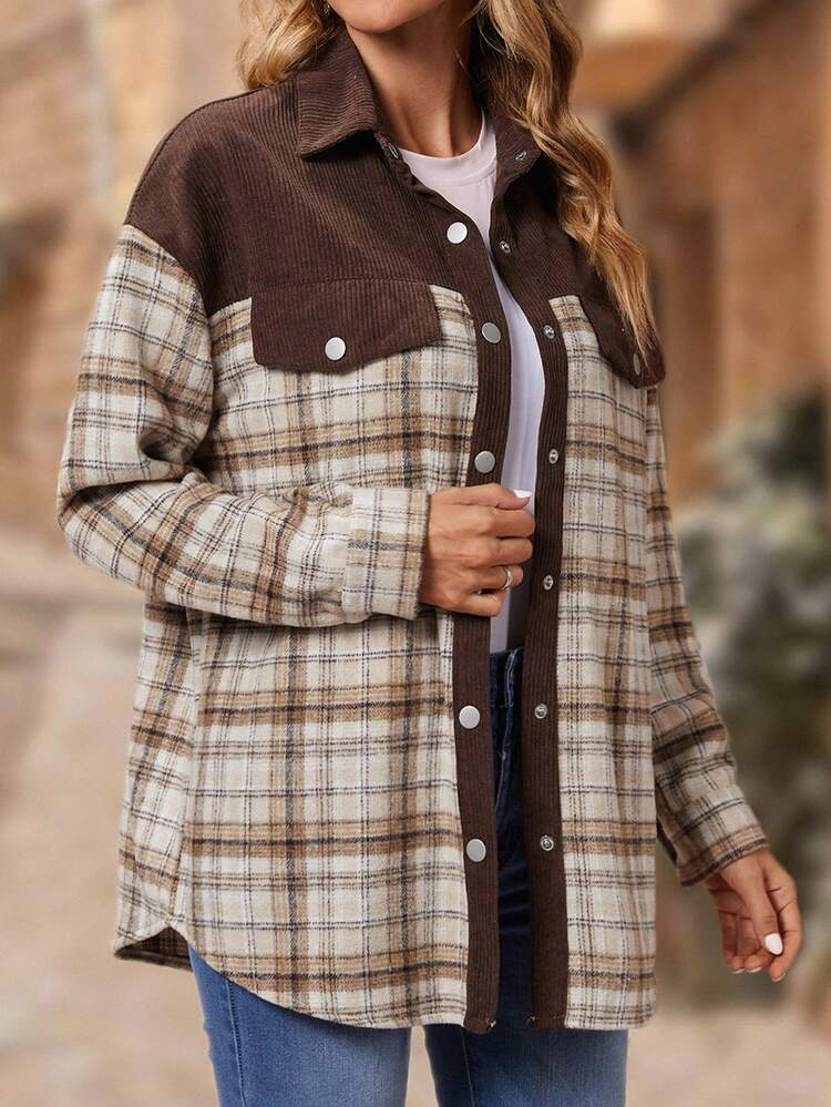 Plaid Print Drop Shoulder Flap Detail Coat