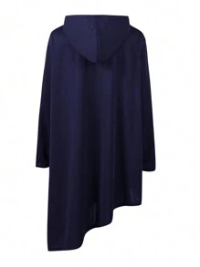 鬆身男士大尺碼純色束口連帽衫,不對稱下擺設計 - 寶藍色 - 查看 2