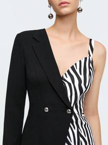 BizChic Zebra Striped Asymmetrical Neck Asymmetrical Hem Blazer Dress - Black and White - View 4