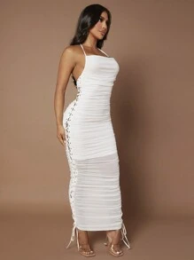 SHEIN SXY Ren Up Side Xù Halter Neck Không lưng Váy bodycon - trắng - Xem 1