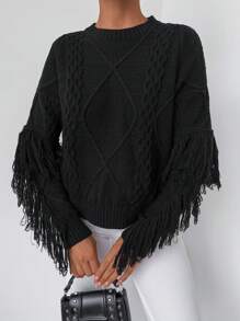 EURMUSE Fringe Trim Cable Knit Drop Shoulder Sweater - Black - View 1