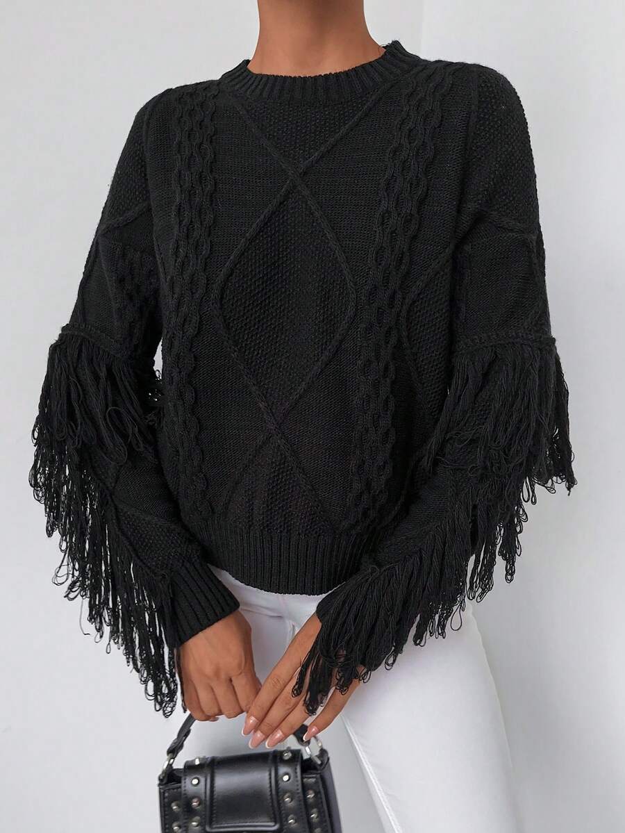 EURMUSE Fringe Trim Cable Knit Drop Shoulder Sweater - Black - View 1
