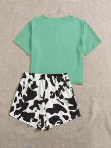 Cow Print Tee & Shorts PJ Set - Multicolor - View 2
