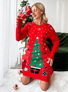 SHEIN Cottnline Christmas Tree Pattern Drop Shoulder Sweater Dress - Red - View 1