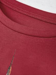 INAWLY 建築和字母圖案T恤 - 酒紅色 - 查看 4