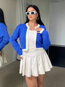 SHEIN Privé 大碼拼接邊泡泡袖開襟衫 - 藍色 - 查看 6