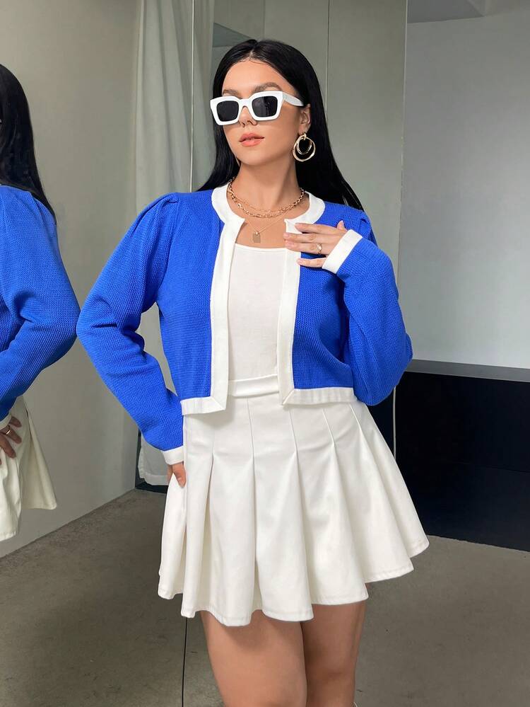 Plus Contrast Trim Puff Sleeve Cardigan
