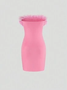 Sweetra 毛絨飾邊抹胸緊身洋裝 - 粉色 - 查看 2