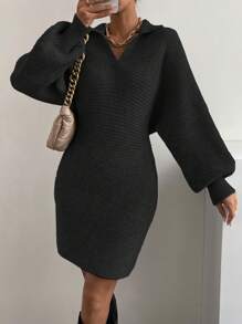SHEIN Essnce Solid Batwing Sleeve Sweater Dress Without Belt - Black - View 6