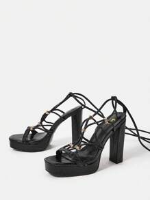 SheIn SXY Fashionable & Comfortable Women's Black Strappy High Heel Sandals With Rhinestone Decor - Black - View 2