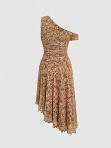 SHEIN MOD Allover Floral Print Asymmetrical Shoulder Ruched Waist Lettuce Hem Dress - Brown - View 2