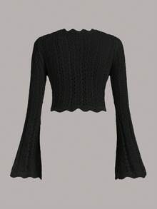 SHEIN MOD 前抽繩喇叭袖網眼針織短款毛衣 - 黑色 - 查看 2