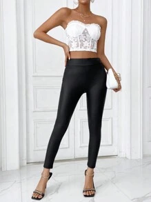 SHEIN Privé 褶邊飾邊緊身胸衣短款蕾絲抹胸上衣 - 白色 - 查看 4