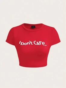 SHEIN ICON 標語圖案短款T恤 - 紅色 - 查看 1