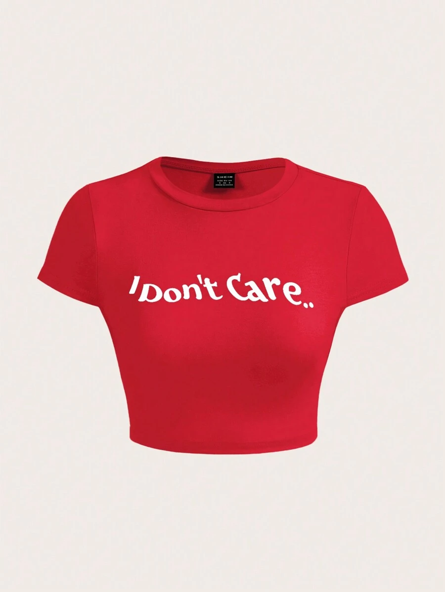 SHEIN ICON 標語圖案短款T恤 - 紅色 - 查看 1