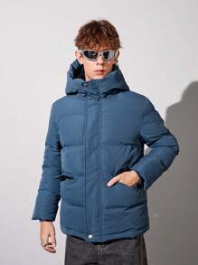 Teen Boy Slant Pockets Hooded Padded Coat - Blue - View 6
