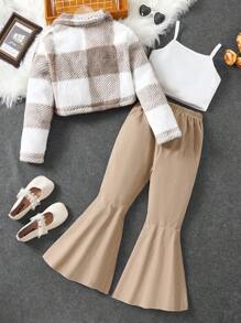 SHEIN بنات بطباعة مربع النقش جاموس قبعة معطف مطر & بنطلون بساق واسع