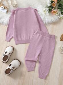 Đứa bé gái Viền Ruffle Áo len Mở & Quần dệt kim - Hồng - Xem 2