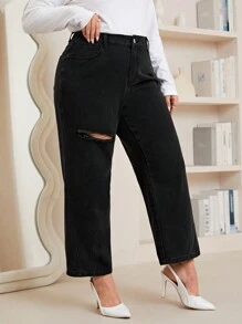 SHEIN LUNE Plus Ripped Straight Leg Jeans - Black - View 1