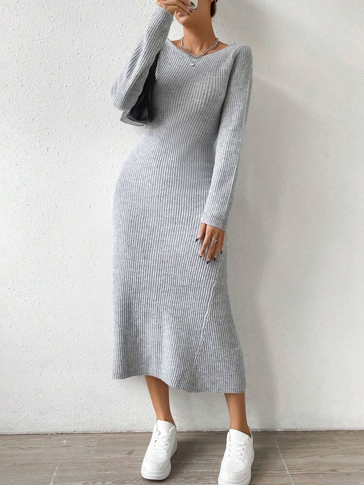 Solid Ribbed Knit Sweater Dress Fall Winter Cloth For Women