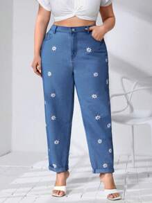 SHEIN Essnce Plus Floral Embroidery Mom Fit Jeans - Medium Wash - View 1