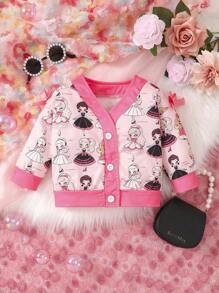 Baby Girl Cartoon Graphic Contrast Binding Jacket - Pink - View 1