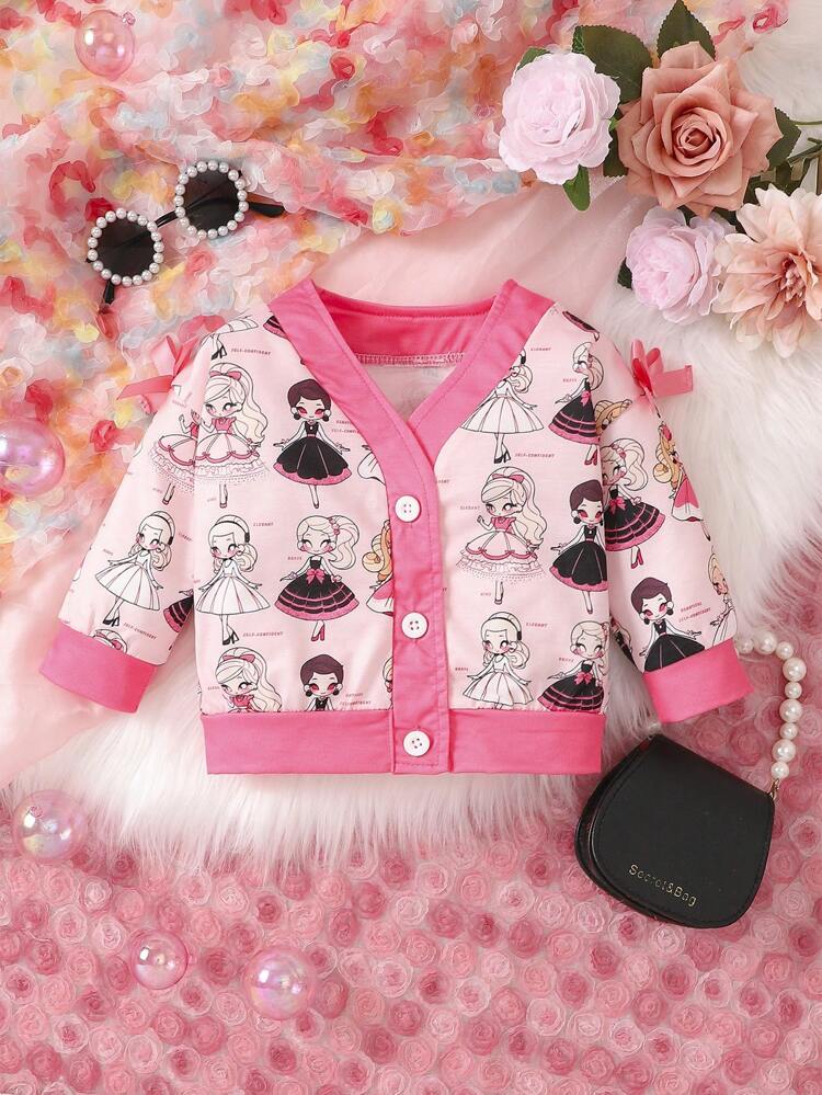 Baby Girl Cartoon Graphic Contrast Binding Jacket