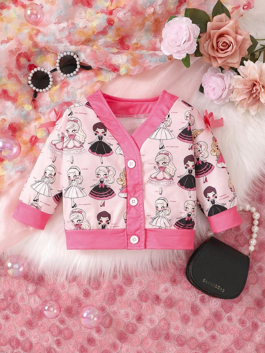 Baby Girl Cartoon Graphic Contrast Binding Jacket - Pink - View 1