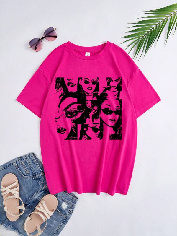 Teen Girls' Casual Simple Cartoon Print T-Shirt, Suitable For Summer
