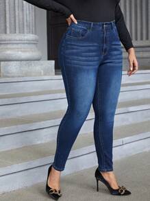 SHEIN LUNE Plus Washed Skinny Jeans - Dark Wash - View 3