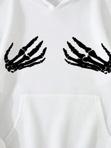 Men Skeleton Hand Print Kangaroo Pocket Hoodie - White - View 3