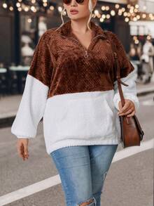 SHEIN LUNE Plus Two Tone Half Zip Teddy Sweatshirt - Multicolor - View 3