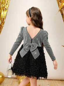 女小童拼接毛茸茸後綁帶蝴蝶結羊腿袖派對禮服適用於聖誕 - 彩色 - 查看 1