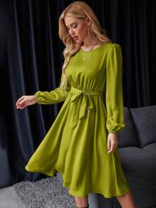 SHEIN Privé Lantern Sleeve Keyhole Back Belted Dress - Olive Green - View 6