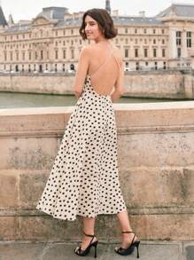 SHEIN Frenchy Polka Dot Print Pearls Backless Halter Neck Cami Dress - Multicolor - View 2