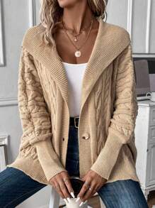 SHEIN LUNE Cable Knit Batwing Sleeve Hooded Cardigan - Khaki - View 3