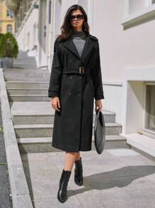 EURMUSE Đôi ngực Thắt lưng Áo khoác - màu đen - Xem 3