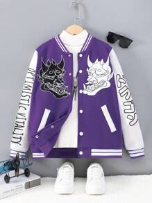Tween Boy Letter Graphic Striped Trim Varsity Jacket Without Tee - Purple - View 1