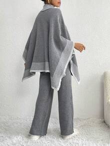 Turtleneck Batwing Sleeve Sweater & Knit Pants - Grey - View 2