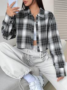 SHEIN EZwear Plaid Print Drop Shoulder Crop Shirt - Black - View 3