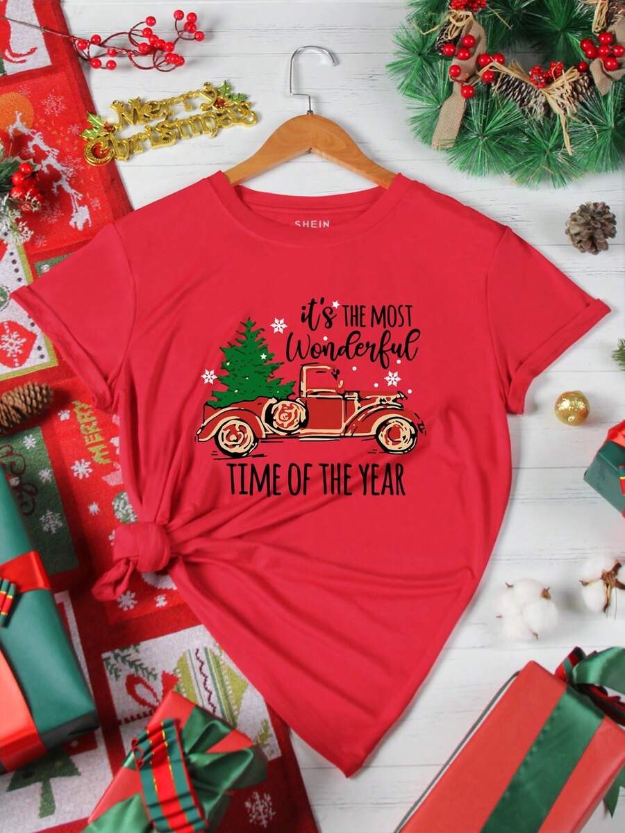 SHEIN EZwear Christmas Print Tee - Red - View 1