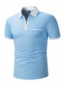Manfinity Homme 男士大码拼接邊POLO衫 - 淺藍色 - 查看 3