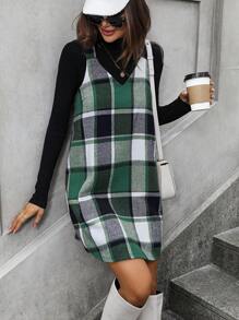 SHEIN LUNE 格紋印花背帶洋裝無毛衣 - 綠色 - 查看 4